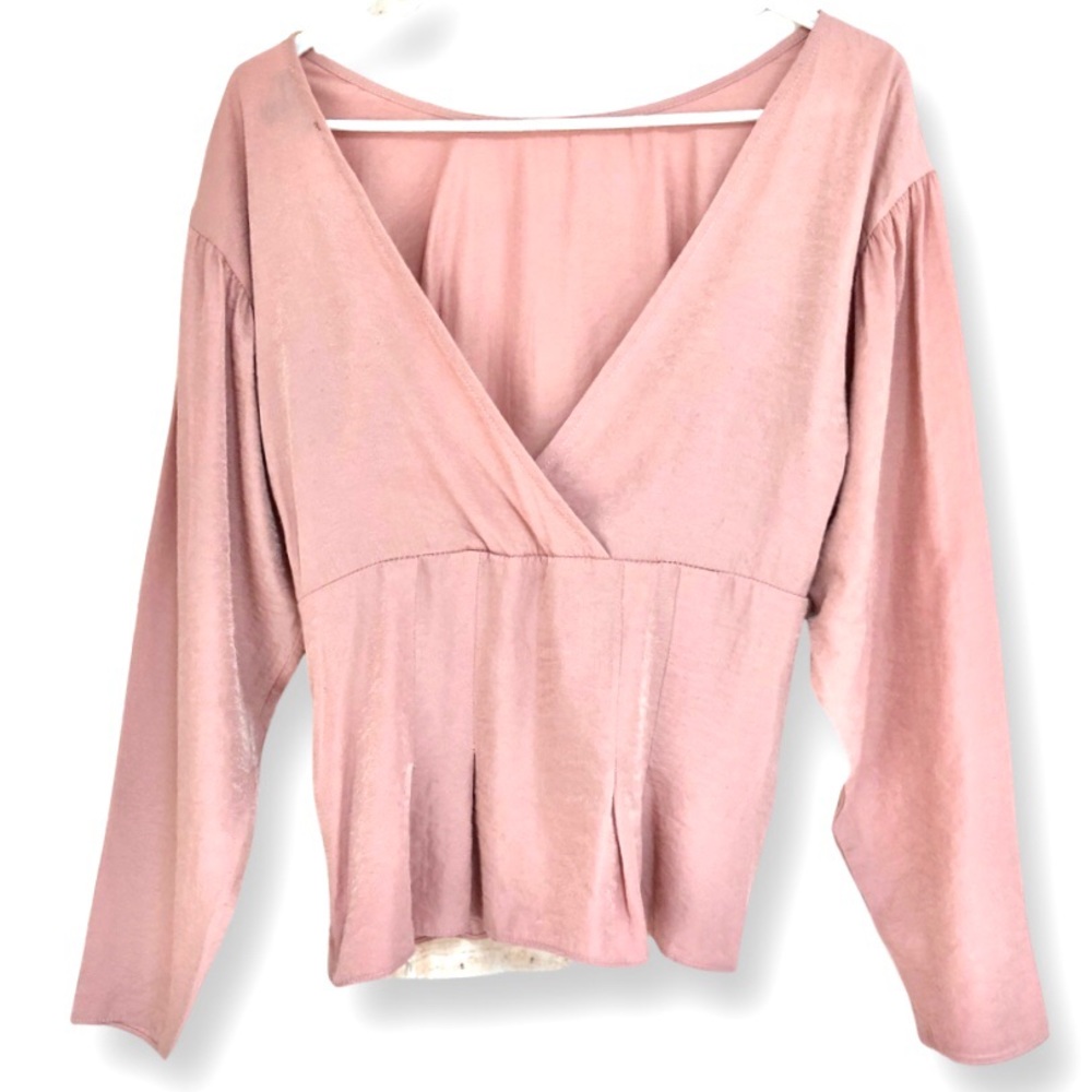 Cream Pink Color Deep V-Neck Long Sleeve Blouse with Side Zi…